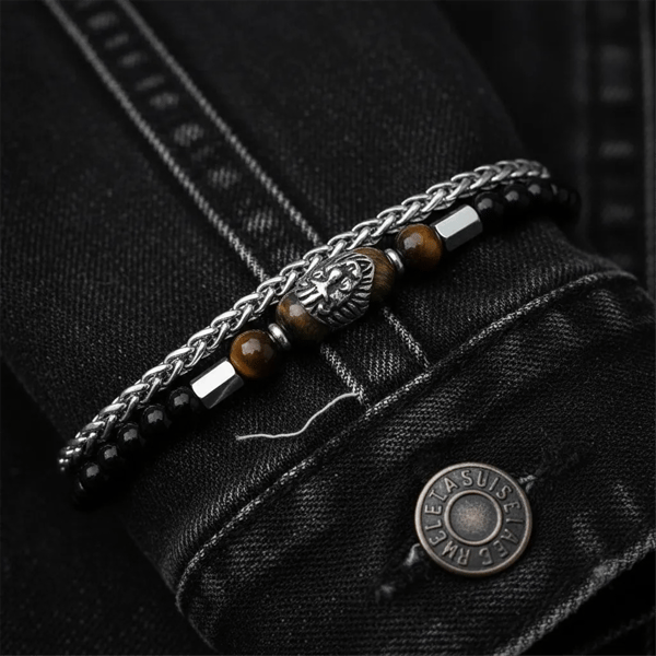 Mens Iron Saints Lion Tiger’s Eye Bead Chain Bracelet