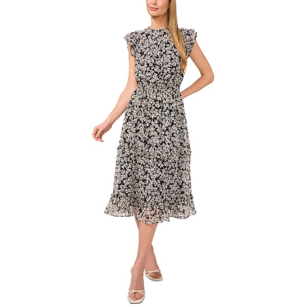Womens CeCe Flutter Sleeve Print Chiffon Midi Dress