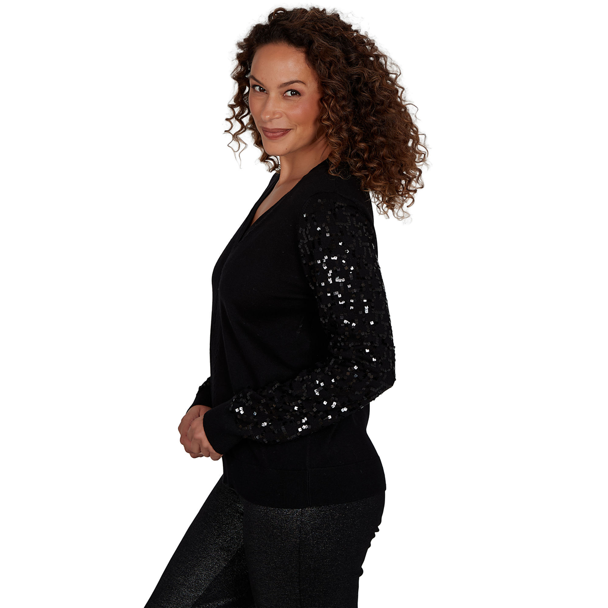 Womens Emaline Lavender Revelry Sequin Sleeve V-Neck Sweater