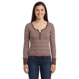 Juniors Pink Rose Long Sleeve Striped Button Up Henley Top