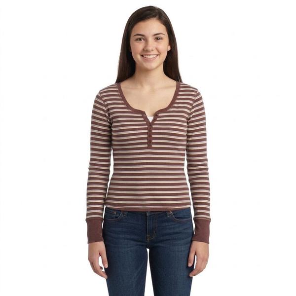 Juniors Pink Rose Long Sleeve Striped Button Up Henley Top - image 