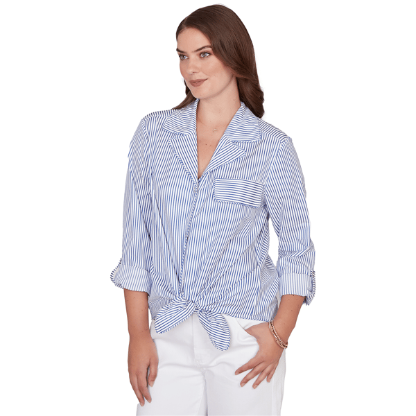 Petite Ruby Rd. Set Sail 3/4 Sleeve Knot Front Stripe Blouse