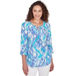 Womens Ruby Rd. Bali Blue Knit Split Neck Ikat Polynesian Top