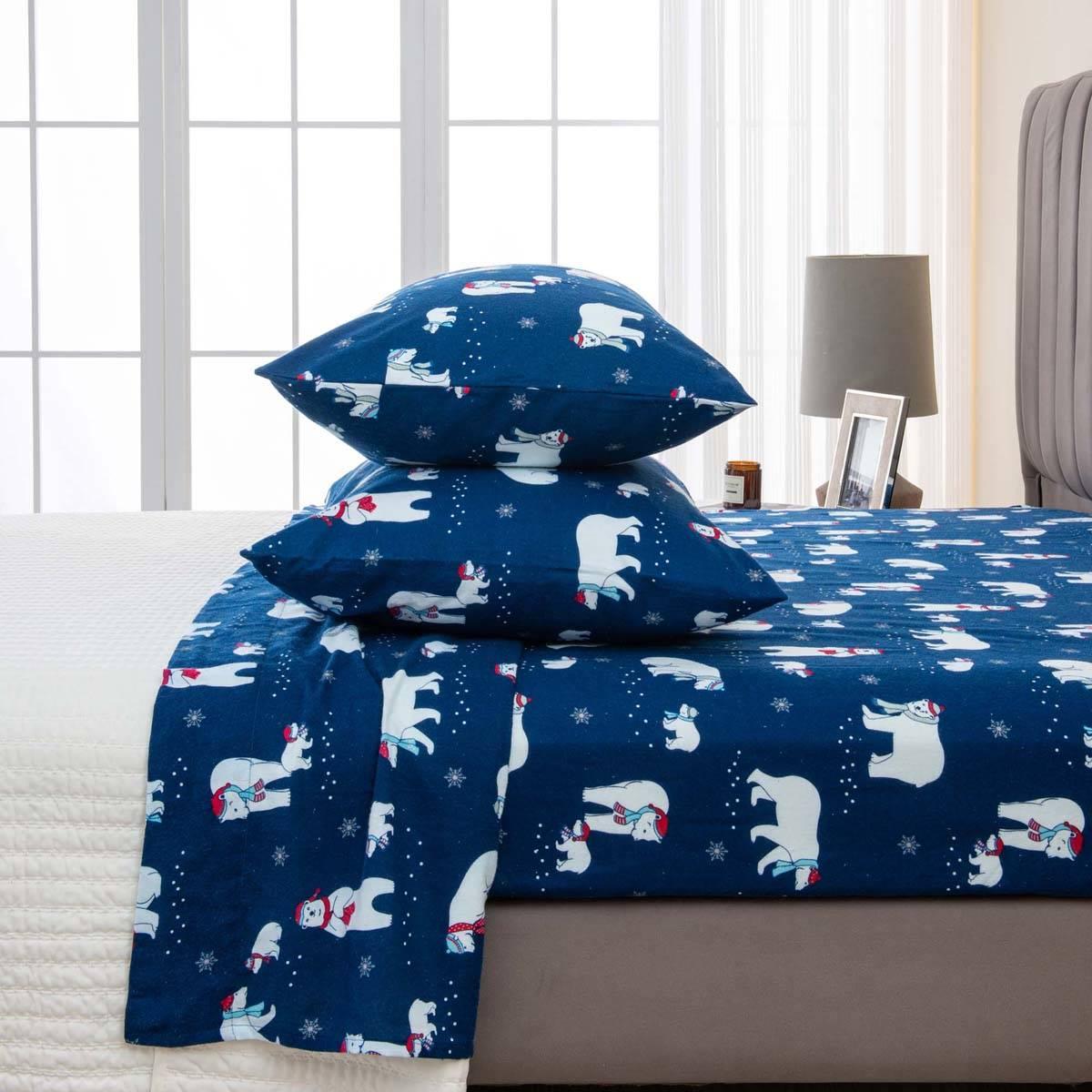 Freshfolds Cotton Navy Polar Bears Holiday 4pc. Flannel Sheet Set