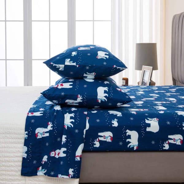 Freshfolds Cotton Navy Polar Bears Holiday 4pc. Flannel Sheet Set