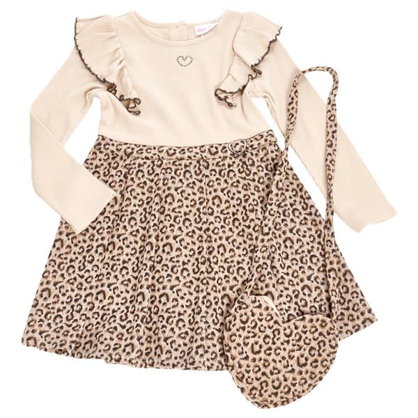 Girls (4-6x) Little Lass® Rib Bodice Cheetah Dress w/ Purse