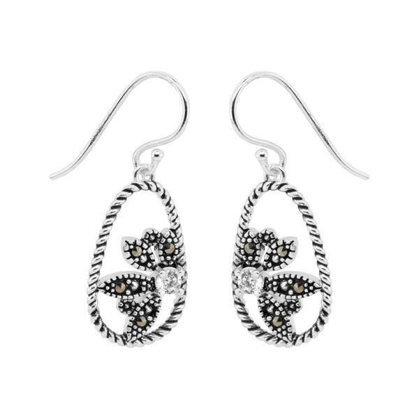 Marsala Marcasite & Clear Cubic Zirconia Flower Drop Earrings - image 