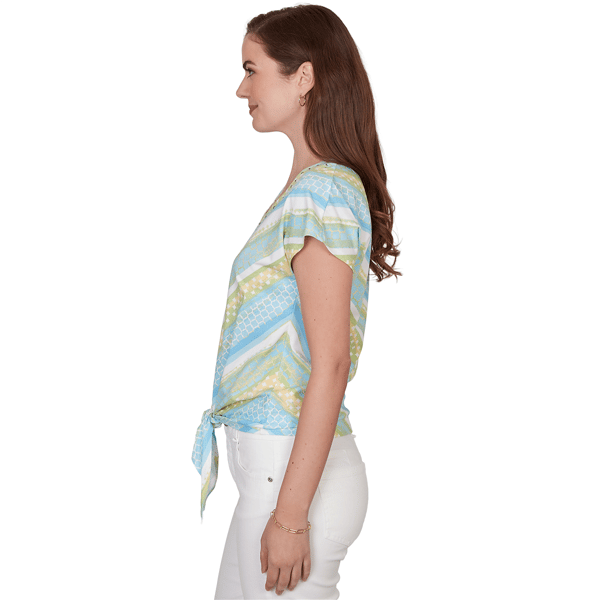 Plus Size Hearts of Palm Aqua Fresh Tie Front Chevron Blouse