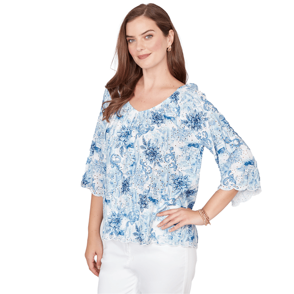 Petite Ruby Rd. French Riviera Floral Toile Scallop Blouse