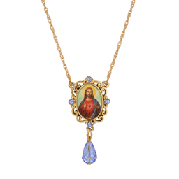Symbols of Faith Gold Tone Oval Jesus Pendant Blue Bead Necklace