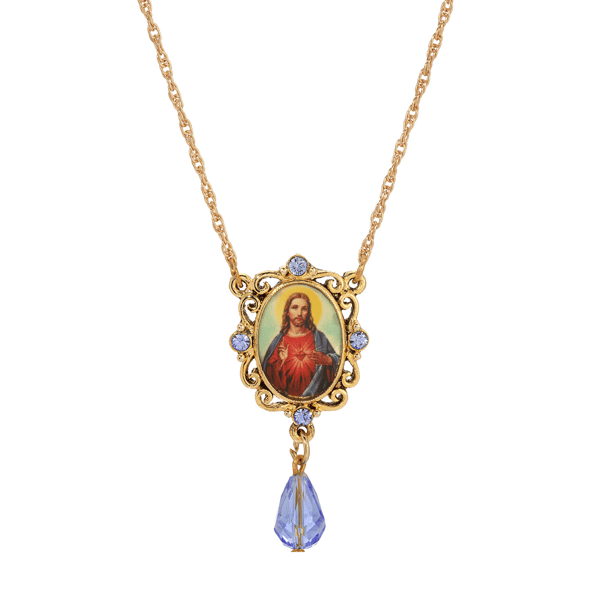 Symbols of Faith Gold Tone Oval Jesus Pendant Blue Bead Necklace - image 