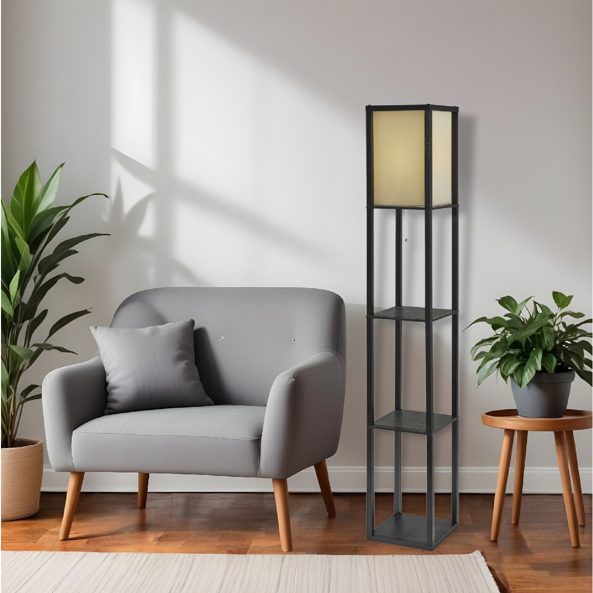 HomeRoots 63in. Black & White Solid Wood Column Floor Lamp