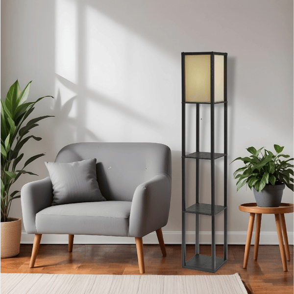 HomeRoots 63in. Black & White Solid Wood Column Floor Lamp
