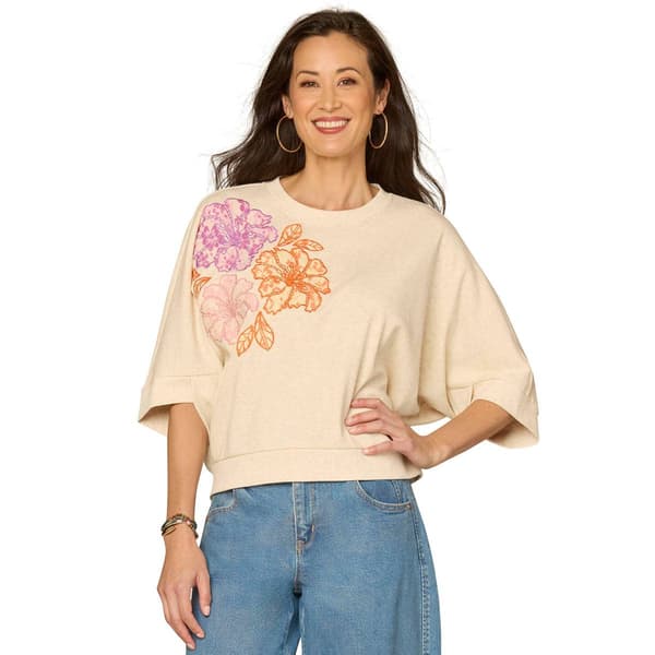 Womens Democracy 3/4 Sleeve Banded Hem Knit Top With Embroidery