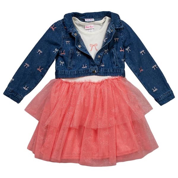 Girls (4-6x) Little Lass(R) 2pc. Bow Denim Jacket Tulle Dress Set - image 