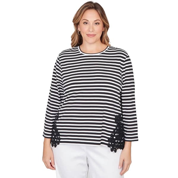 Plus Size Ruby Rd. Sunset Blvd 3/4 Sleeve Stripe Lace Blouse