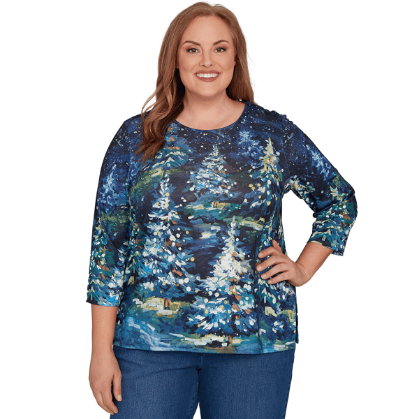 Plus Size Alfred Dunner Classics Starry Christmas Tree Scene Tee - image 