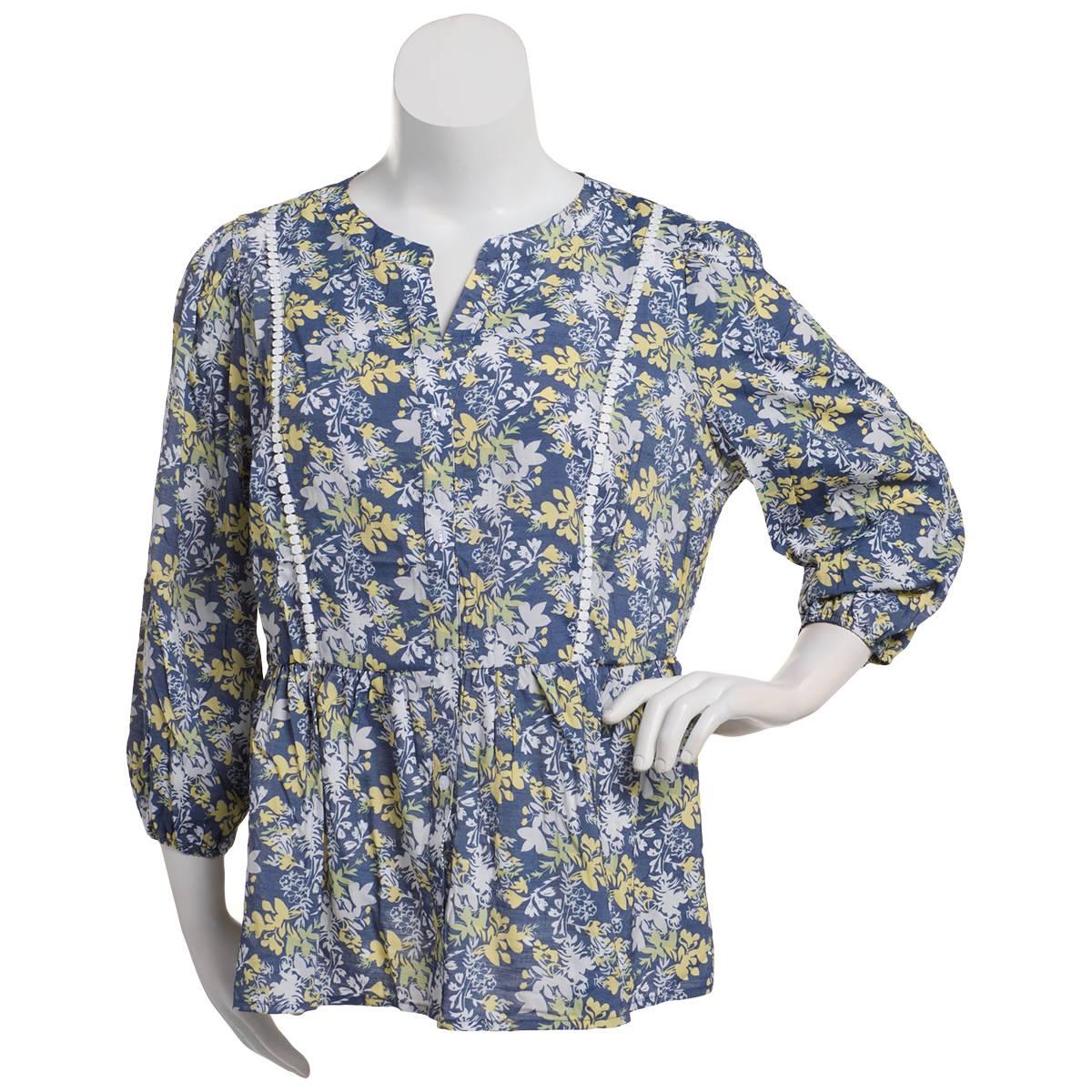 Plus Size NY Collection 3/4 Sleeve Floral Split Neck Blouse