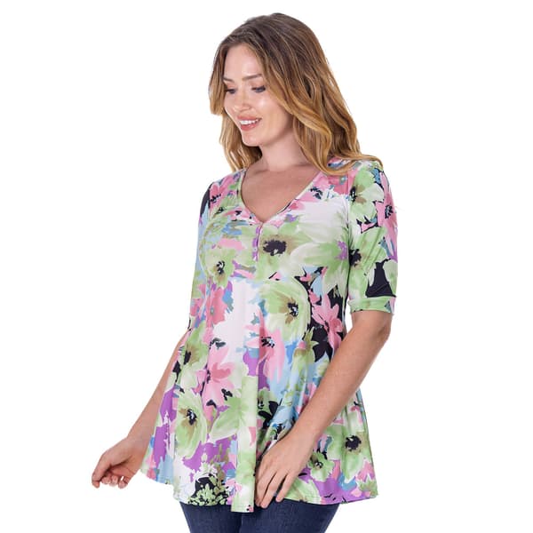 Womens 24/7 Comfort Apparel Floral Elbow Sleeve V-Neck Top - image 