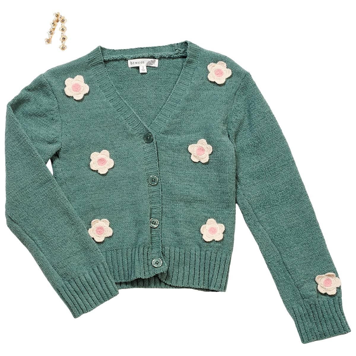 Girls (7-12) BTween(R) Long Sleeve Flower Cardigan Sweater w/ Clips