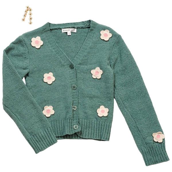 Girls (7-12) BTween(R) Long Sleeve Flower Cardigan Sweater w/ Clips - image 