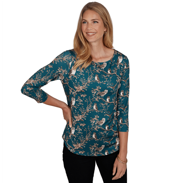 Womens Emaline Key Items 3/4 Sleeve Boat Neck All Over Owl Tee - image 