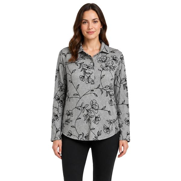 Womens Zac & Rachel Long Sleeve Half Button Up Floral Flocked Ha - image 