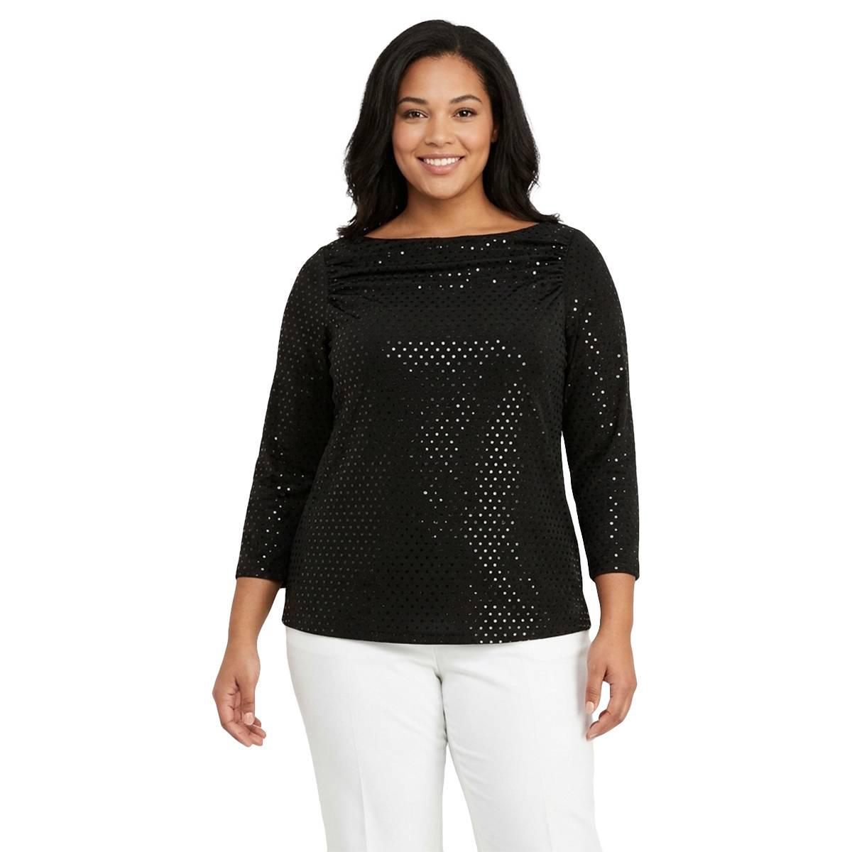 Plus Size Kasper Long Sleeve Ruched Front Dot Blouse