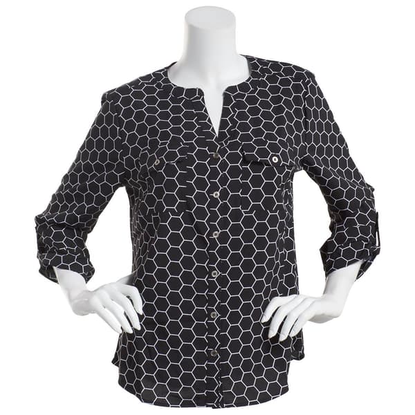 Womems Notations 3/4 Roll Tab Print Equipment Shirt-Black/White