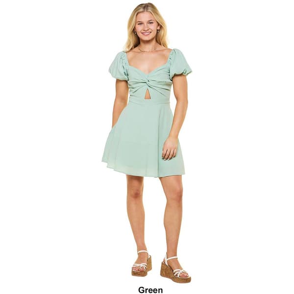 Juniors Trixxi Woven Twist Front Key Hole Puff Sleeve Sun Dress