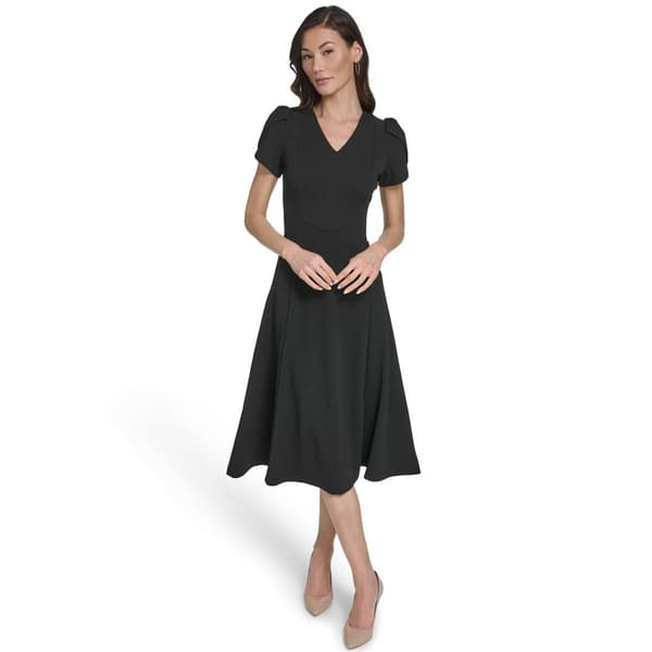 Womens Calvin Klein Puff Sleeve V Neck Crepe A-Line Midi Dress - image 