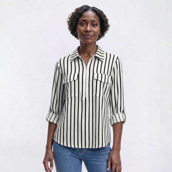 Womens Cure Roll Tab Sleeve 1/4 Zip Stripe Blouse - image 