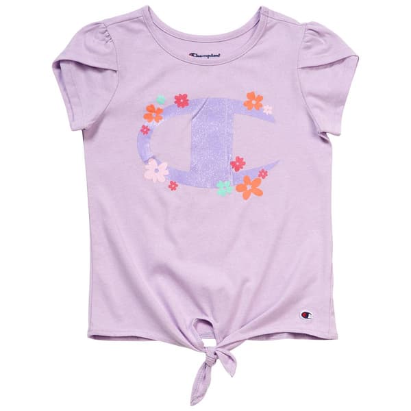 Girls (7-16) Champion(R) Tulip Sleeve Tie Front Floral Tee