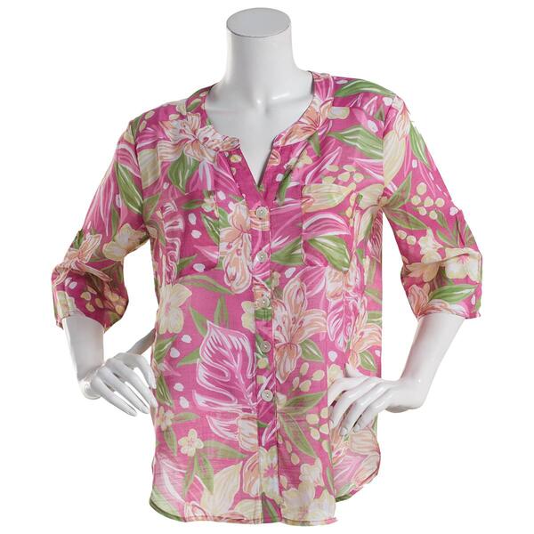 Petites Preswick & Moore&#40;R&#41; Elbow Sleeve Tropical Button Blouse - image 