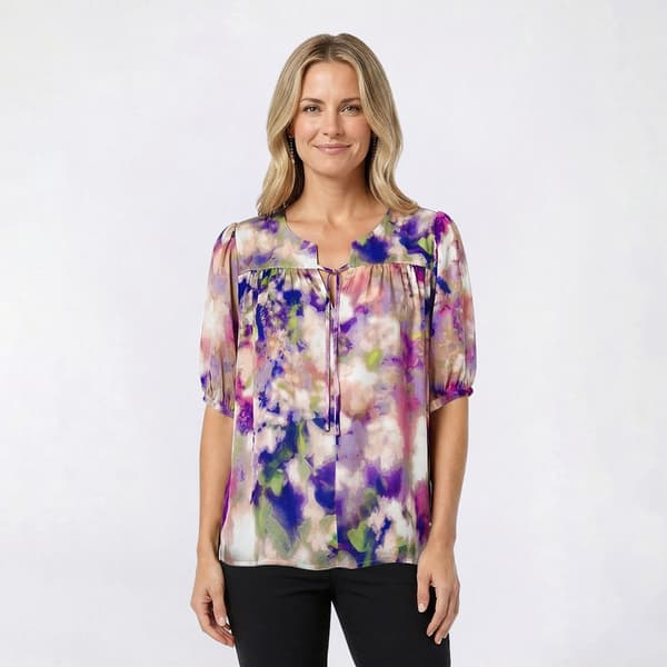 Womens Nicole Miller Elbow Sleeve Blurred Floral Blouse - image 