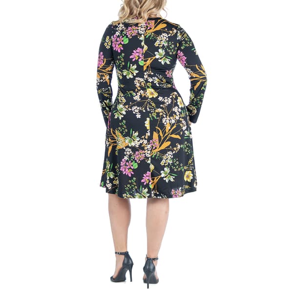 Plus Size 24/7 Comfort Apparel Floral Long Sleeve A-Line Dress