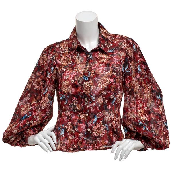 Juniors A. Byer Floral Ruffle Button Front Blouse - image 