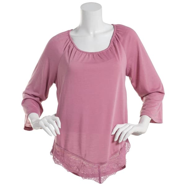 Womens Absolutely Famous 3/4 Sleeve Scoop Neck Lace Hem Blouse