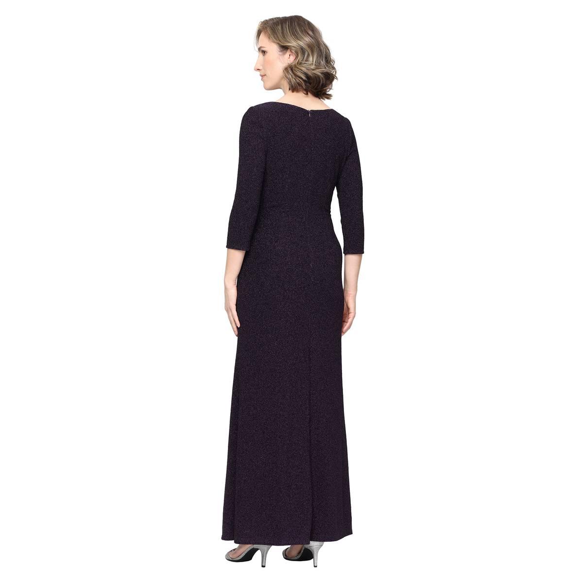 Womens SLNY 3/4 Sleeve Metallic Knit Asymmetric Neck Gown