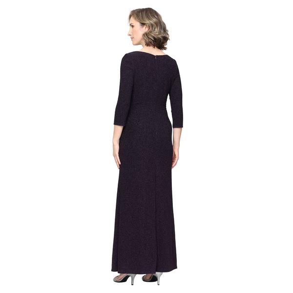 Womens SLNY 3/4 Sleeve Metallic Knit Asymmetric Neck Gown