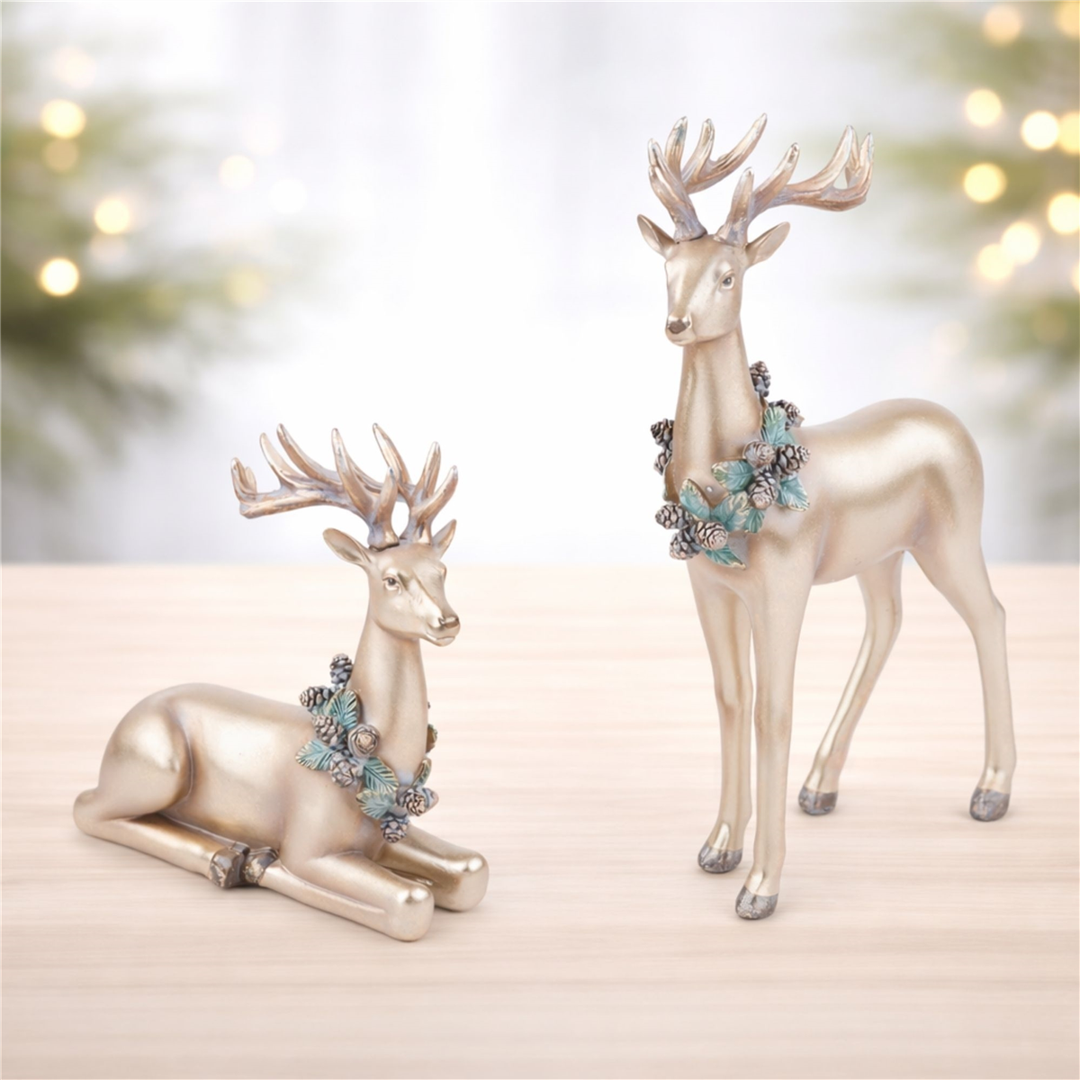 Melrose Metallic Deer with Wreath Figurine - Set of 2