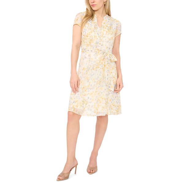 Petite MSK Short Sleeve Floral Pintuck Front Chiffon A-Line Dress