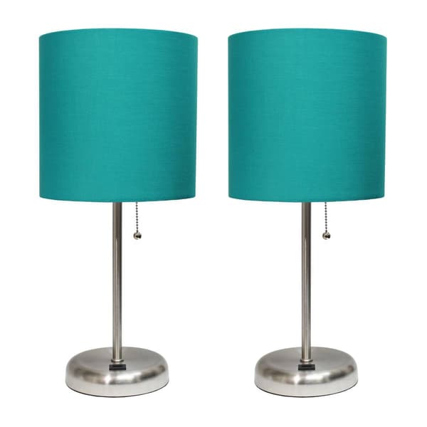 LimeLights Stick Lamp w/USB Port & Teal Fabric Shade-Set of 2