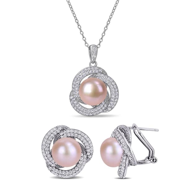 Gemstone Classics&#40;tm&#41; 2 1/3kt. Cubic Zirconia Halo Pearl Pendant Set - image 