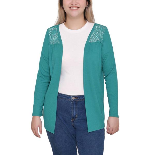 Petite NY Collection Waffle Stitch Lace Inset Open Front Cardigan - image 