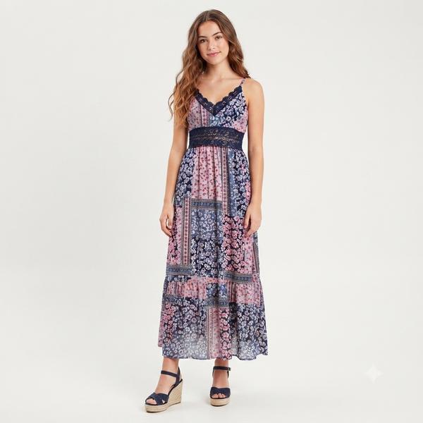 Juniors Angie Patchwork Crochet Lace Trim Maxi Slip Dress - image 