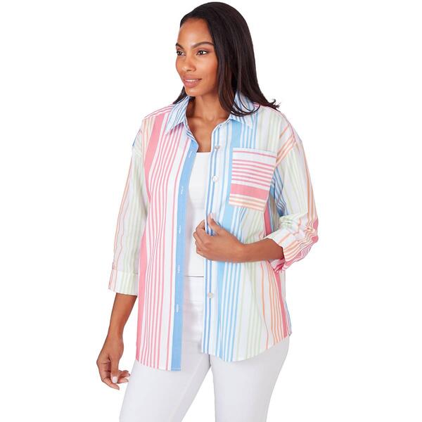 Womens Ruby Rd. Patio Party 3/4 Sleeve Stripe Casual Button Front