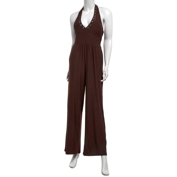 Juniors Derek Heart Solid Yum Stud Halter Wide Leg Jumpsuit