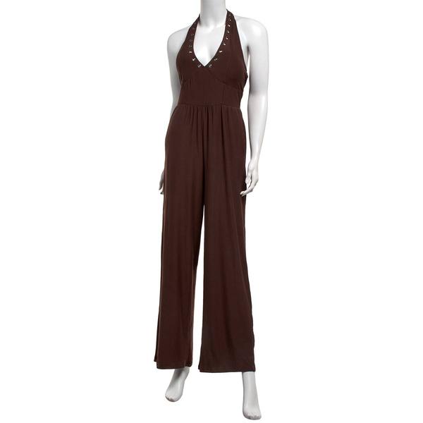 Juniors Derek Heart Solid Yum Stud Halter Wide Leg Jumpsuit - image 