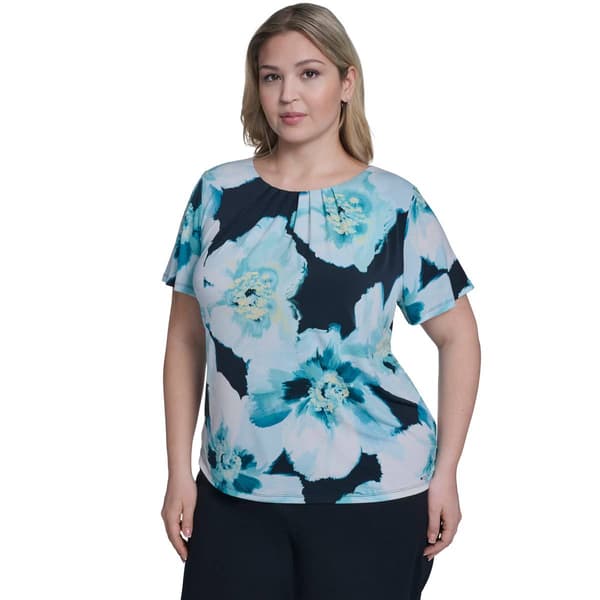 Plus Size Calvin Klein Short Sleeve Pleated Big Flower Printed To - image 